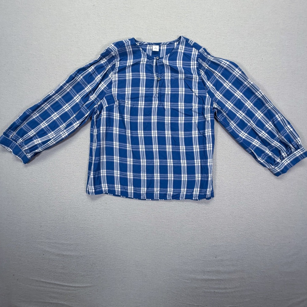 Old Navy Plaid Blouse Women XS Good Blue White Henley Long Sleeve Checkered